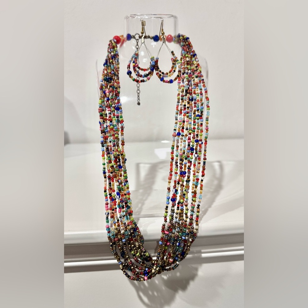 Multicolor, Multi-Strand Seed Bead Necklace and Earrings Set
